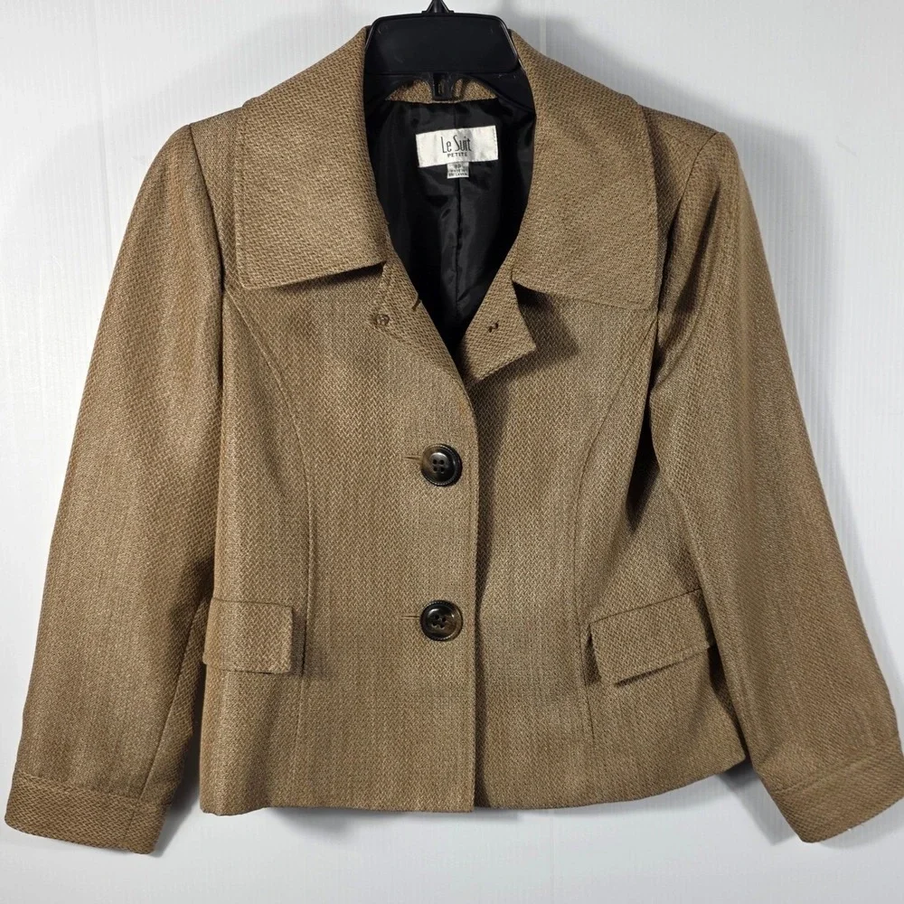 Le Suit Petite Womens Tan Herringbone Blazer Jacket Metallic Gold 8P Business